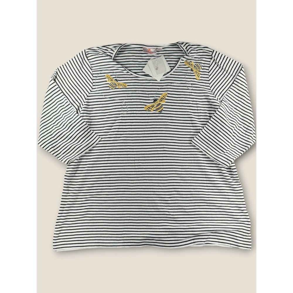 Quacker Factory Womens 1X Striped Bumblebee Rhinestone Cotton Top Black White